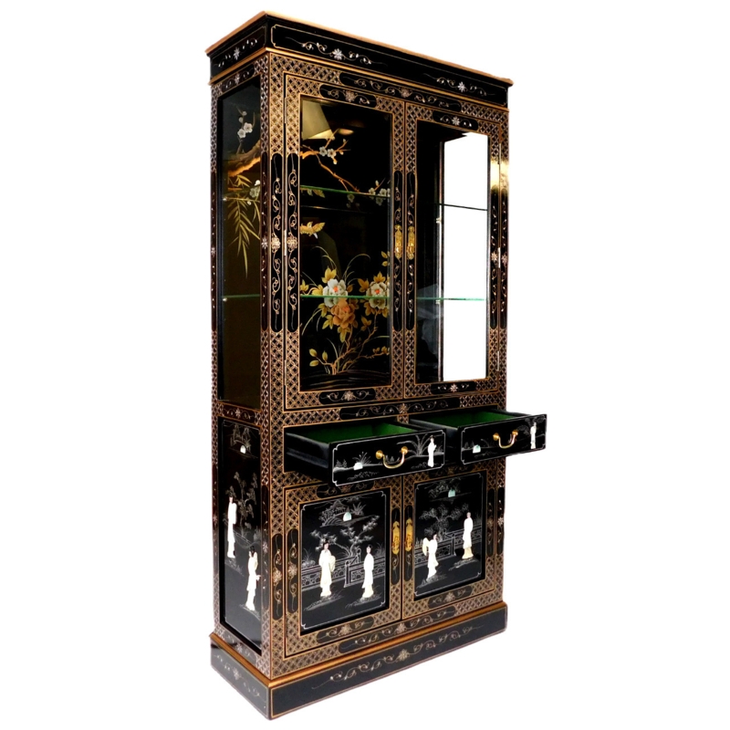 Black Lacquer Curio Cabinet Hand Painted Gold Filigree and Inlay