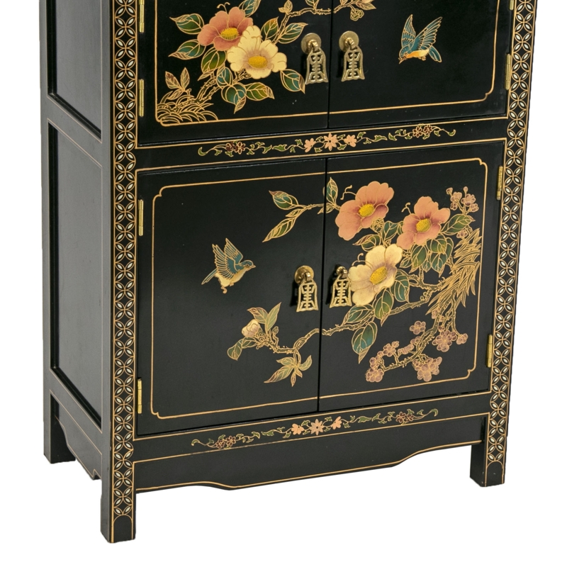 Black Lacquer Storage Cabinet Brass Symbol Pulls Floral