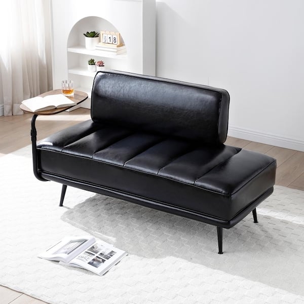 Black Leather Bench with Integrated Swivel Tray Table