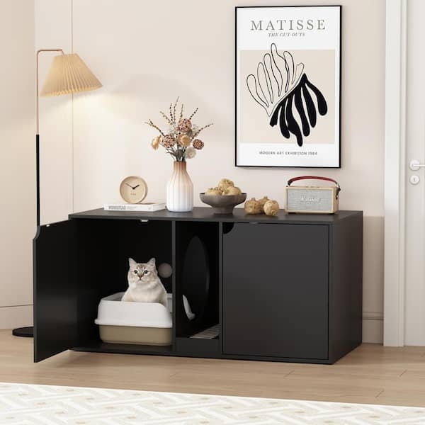 Black Litter Box Enclosure, Hardware-Free Doors, Stackable Design