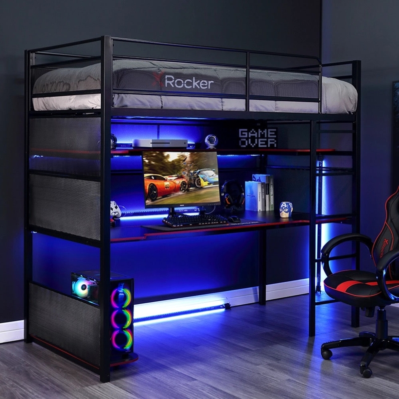Black Metal Gaming Loft Bed with Mesh Panels and LED Accent Lighting