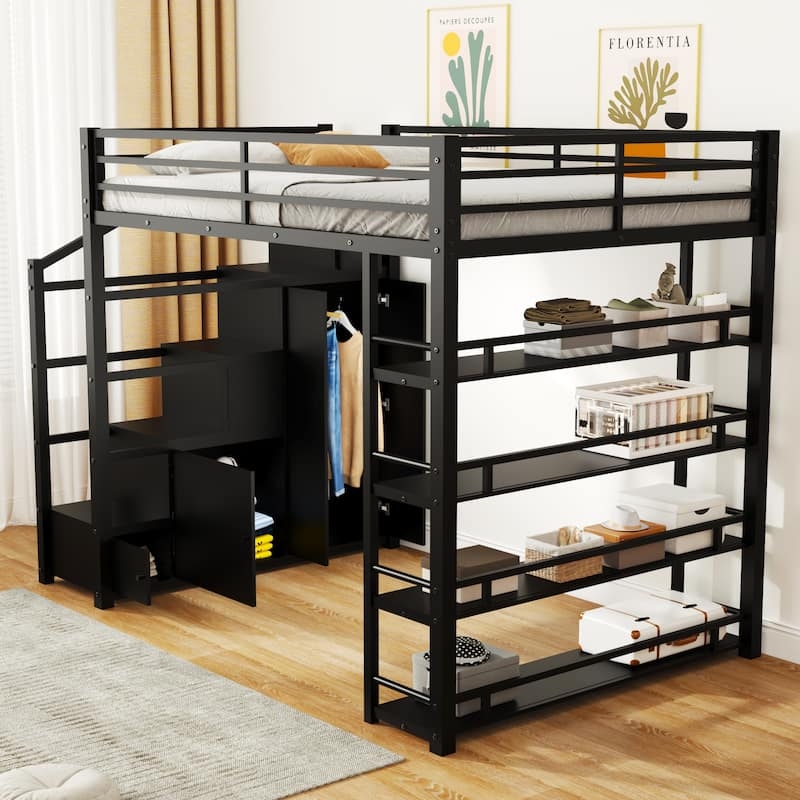 Black Metal Loft Bed Frame with Storage Stairs and Four Tier Shelving