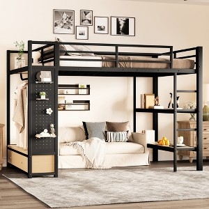 Black Metal Loft Bed with Pegboard Panel and Integrated Wardrobe