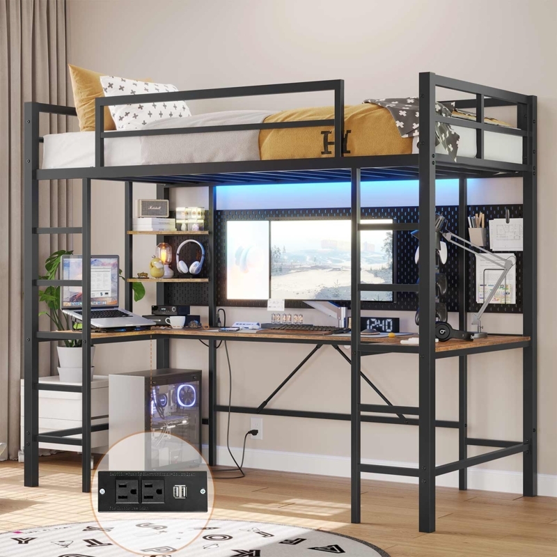 Black Metal Loft Bed with U-Shaped Desk, LED and Charging Station