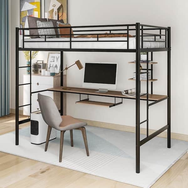 Black Metal Loft Bed with Wood Desk, Keyboard Tray and Shelving