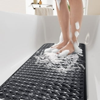 Black Non-Slip Bath Mat, Geometric Pebble Texture Grid