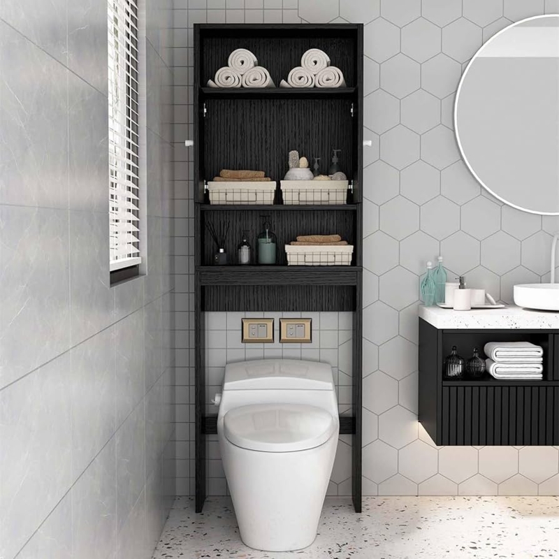 Black Over Toilet Organizer: Modern Cabinet with Vertical Wood Grain