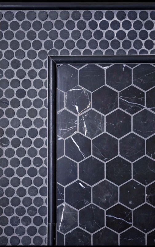 Black Pencil Liner Tile Trim Separating Hexagon and Penny Round Mosaics