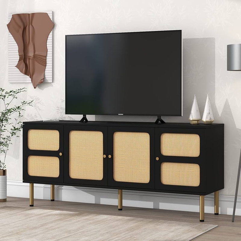 Black Rattan TV Stand: Boho Chic, Matte Finish, Gold Legs.