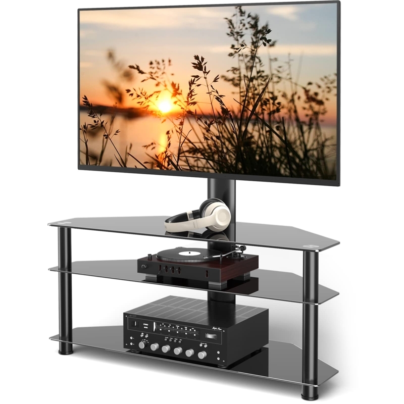 Black Tempered Glass Corner TV Stand with Integrated Mount