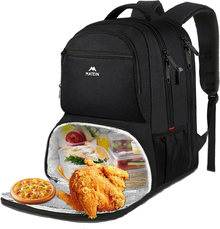 Black Travel Backpack 40L Capacity with Insulated Lunch Compartment