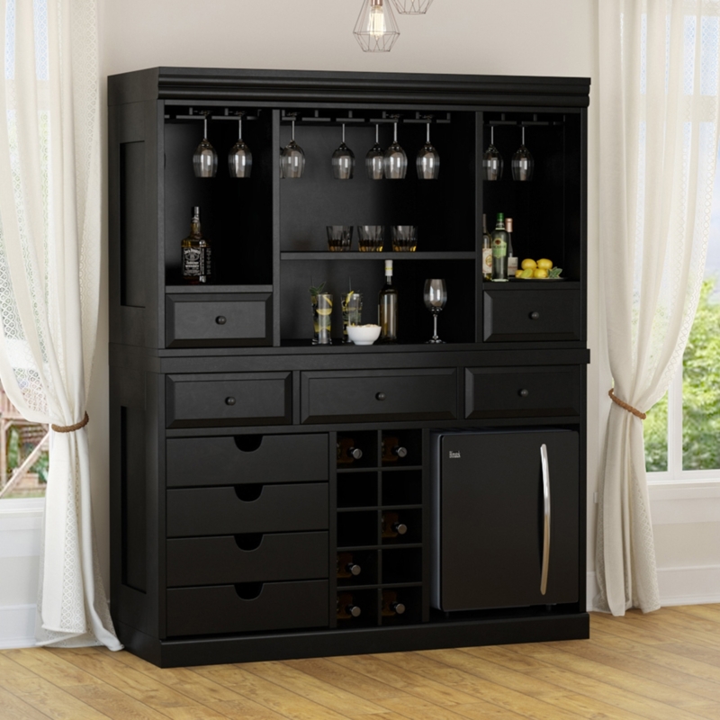 Black Wood Bar Cabinet with Built-In Fridge & Lattice