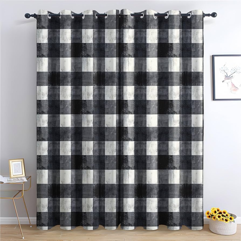Blackout Curtains Distressed Buffalo Check Grommet Top Charcoal Grey