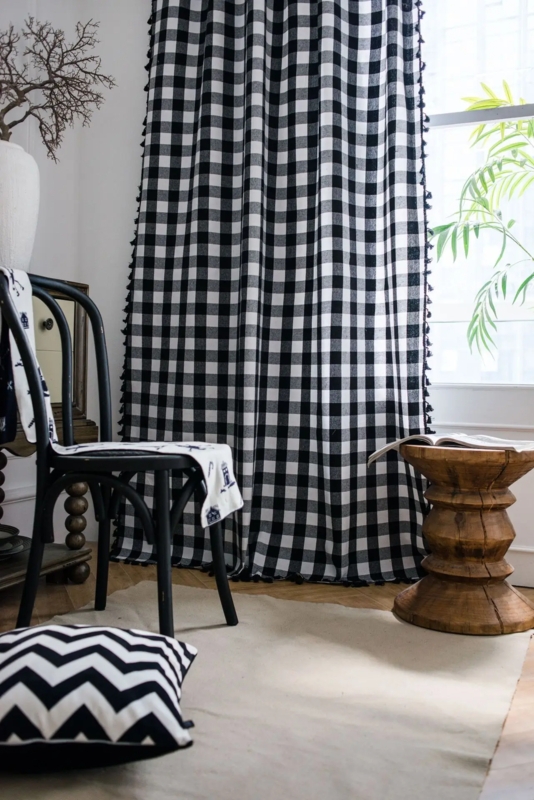 Blackout Curtains Tassel Fringe Gingham Checkerboard Semi-Blackout