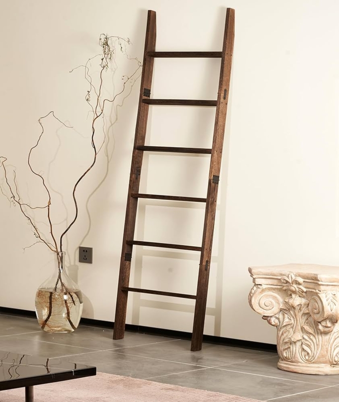 Blanket Ladder Dark Brown 6-Tier Flat Rungs Rustic Wall Leaning