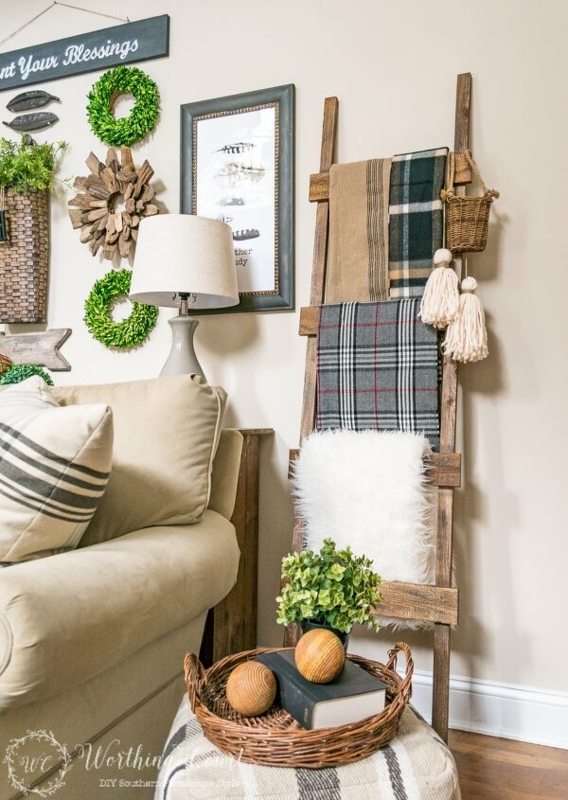 Blanket Ladder Distressed Wooden Leaning Design Textured Display