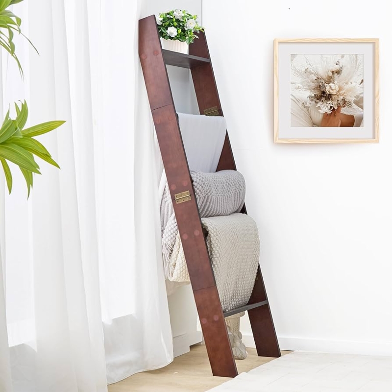 Blanket Ladder Folding Wooden Rack with Top Display Shelf Leaning