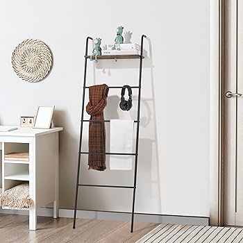 Blanket Ladder Industrial Black Metal 5-Tier with Integrated Shelf