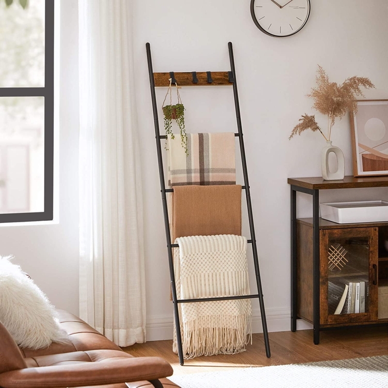 Blanket Ladder Mixed Material 5-Tier Metal Frame with Utility Hooks