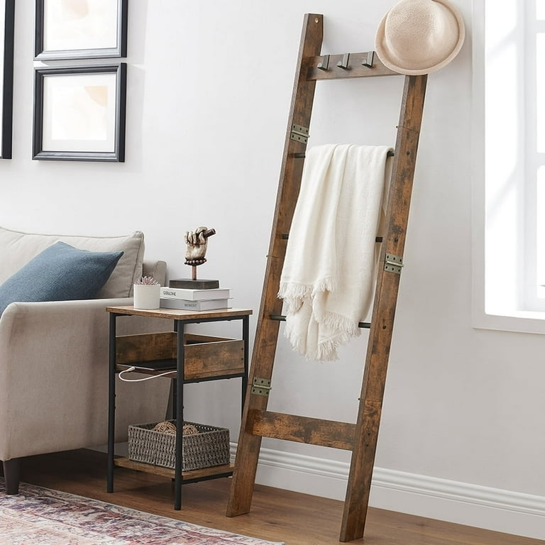 Blanket Ladder Rustic Brown Folding Hinged Frame with Four Metal Hooks