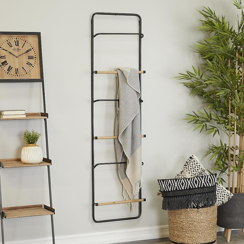 Blanket Ladder Wall Mounted Black Metal Mixed Material Industrial Style