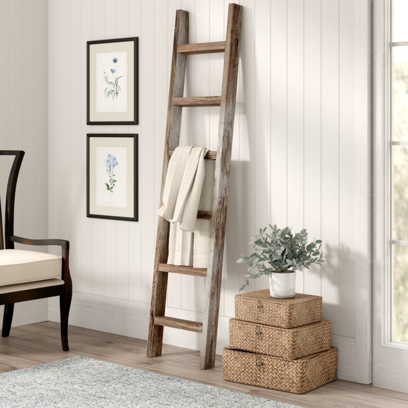 Blanket Ladder Weathered Wood Distressed Finish Leaning Quilt Rack