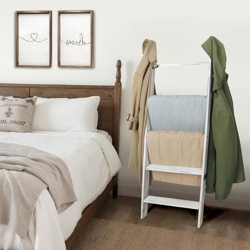Blanket Ladder White Farmhouse 5-Tier Wide Flat Rungs Leaning Rack
