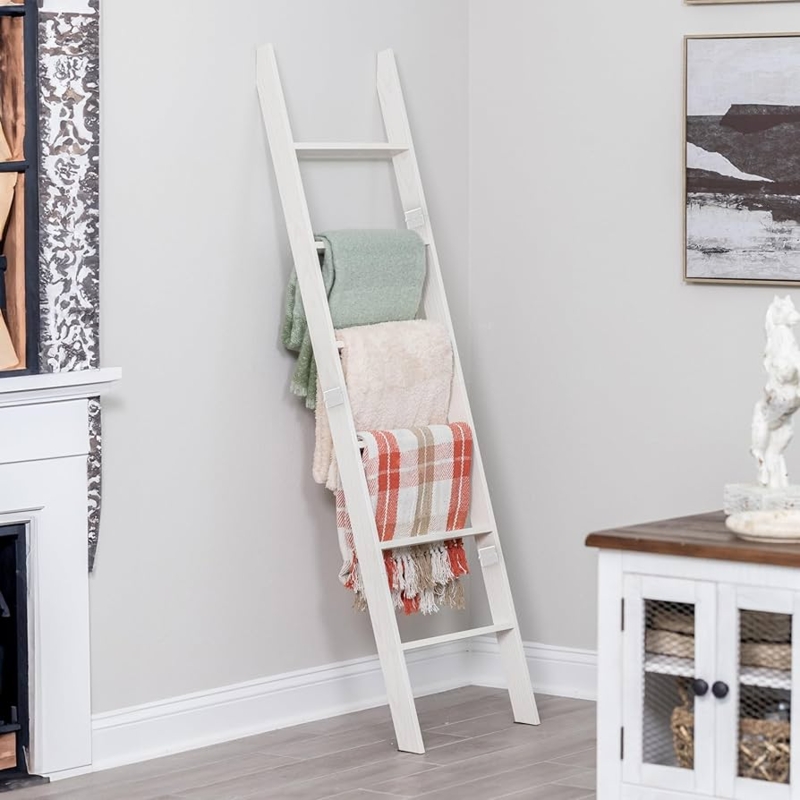 Blanket Ladder White Leaning Design with Modern Hardware Covers