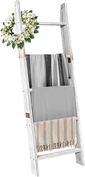 Blanket Ladder Whitewashed 5-Tier Flat Rungs Integrated Floral Accent