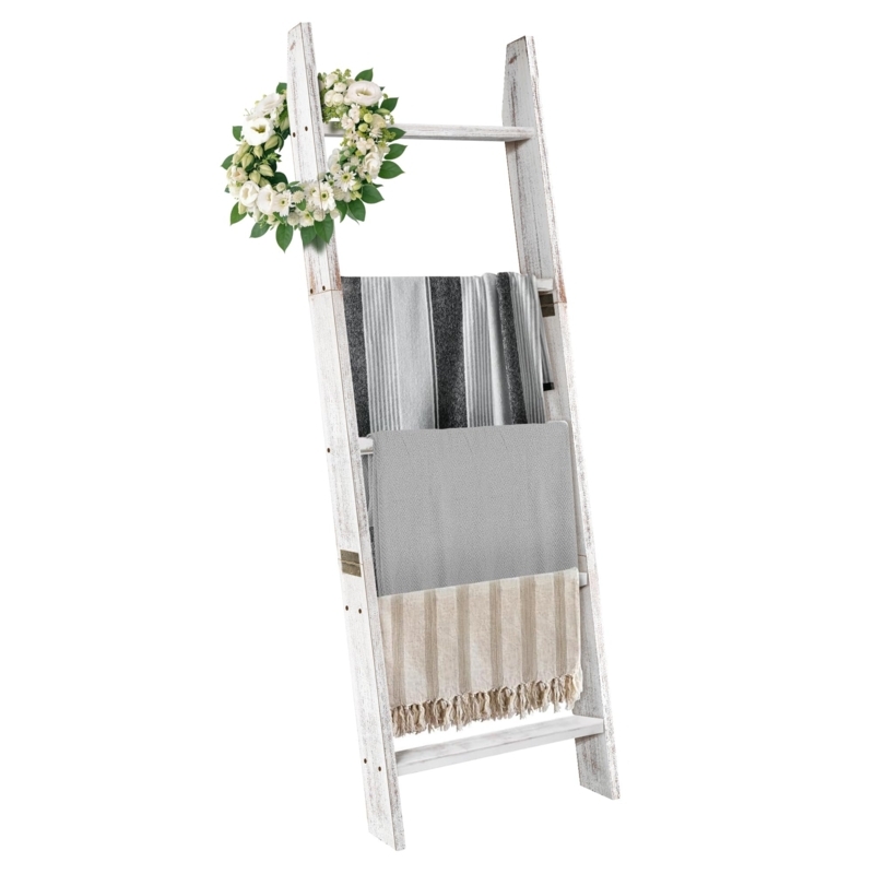Blanket Ladder Whitewashed Distressed 5-Tier Tapered Sides Rack