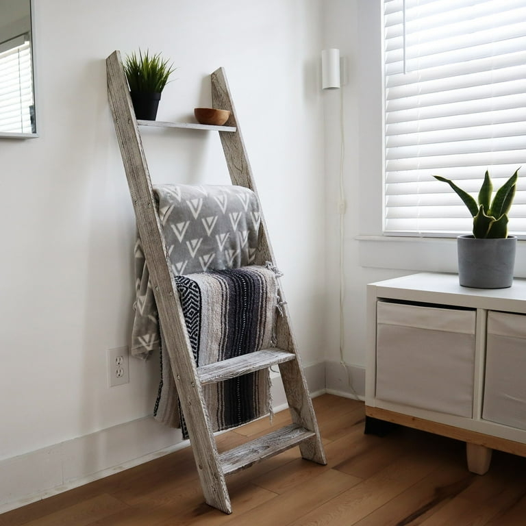 Blanket Ladder Whitewashed Finish Distressed Leaning Display Rack