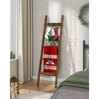 Blanket Ladder Wood 6-Tier Rack with 4 Integrated Hooks Leaning