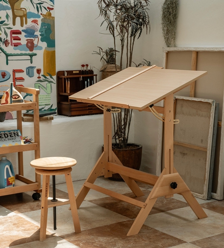 Blonde Wood Drafting Table Set with Trestle Base and Swivel Stool