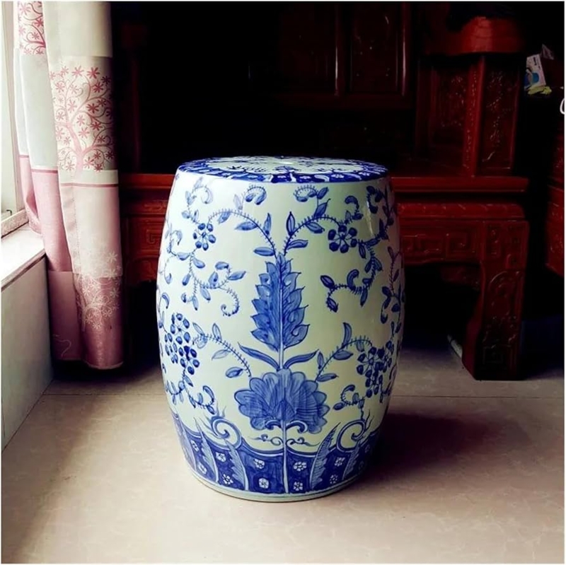 Blue and White Garden Stool with Scrolling Vines Floral Motif