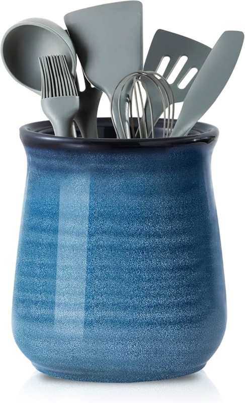 Blue Ceramic Utensil Crock, Reactive Glaze and Contrast Rim