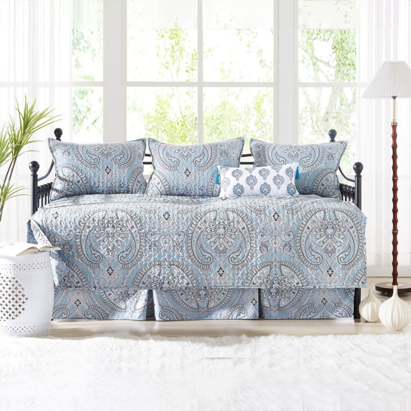 Blue Paisley Daybed Set Quilted Traditional Coastal Cottage