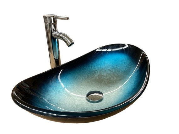 Blue Silver Tempered Glass Vessel Sink: Oval Boat Basin Set - Etsy