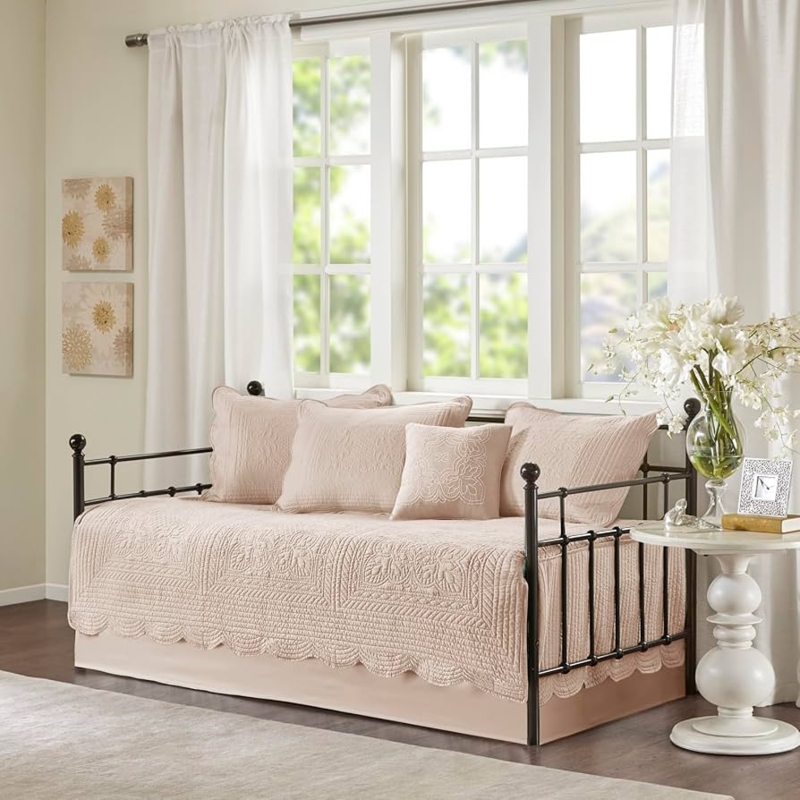 Blush Pink Daybed Quilt Set Damask Quilting Scalloped Edges