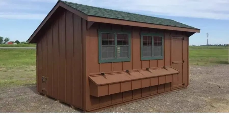 Board and Batten Chicken Coop with Brown Siding and Green Trim