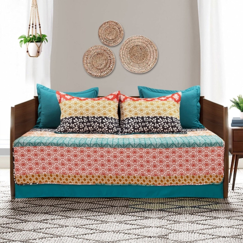 Bohemian Daybed Set Turquoise Orange Stripes Eclectic Wood