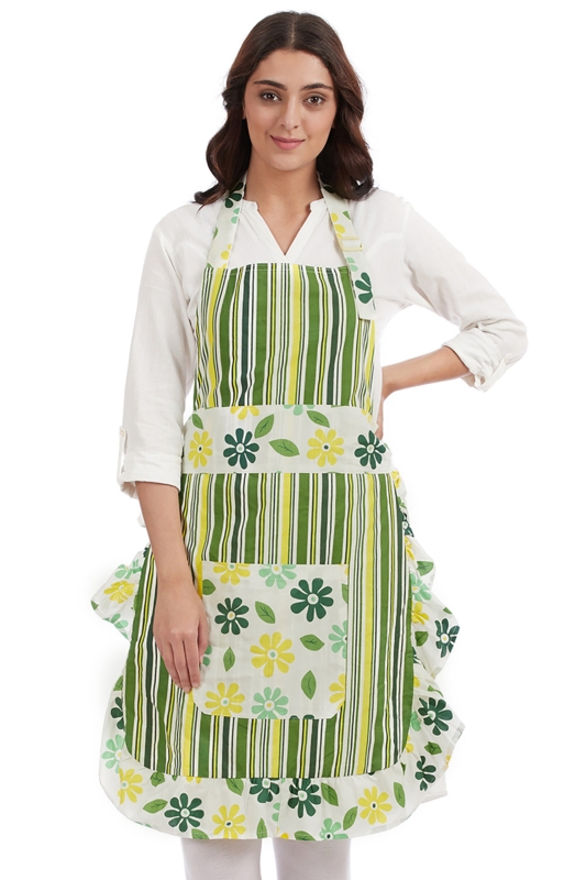 Bohemian Floral Bib Apron, Mixed Print, Ruffled Hem, Adjustable Strap