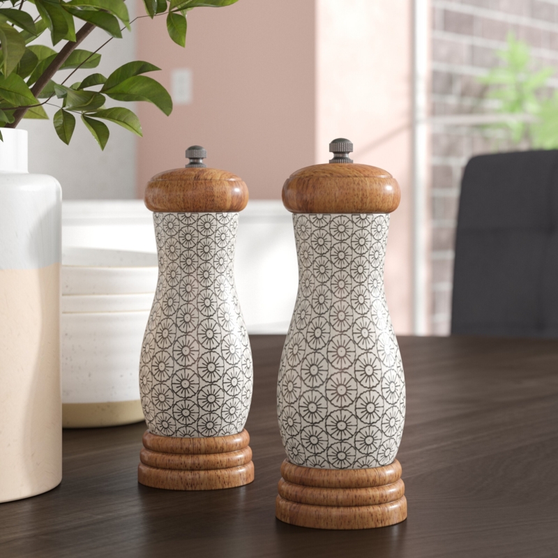 Bohemian Salt Pepper Mills: Geometric Floral Pattern & Tiered Base