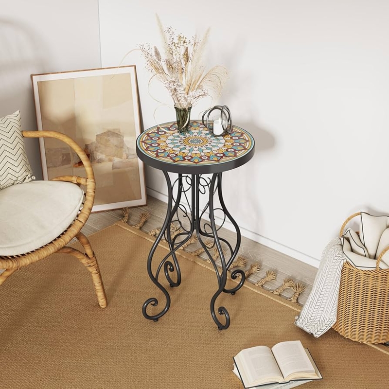 Bohemian Side Table Mandala Mosaic Top Scrolled Metal Legs Colorful
