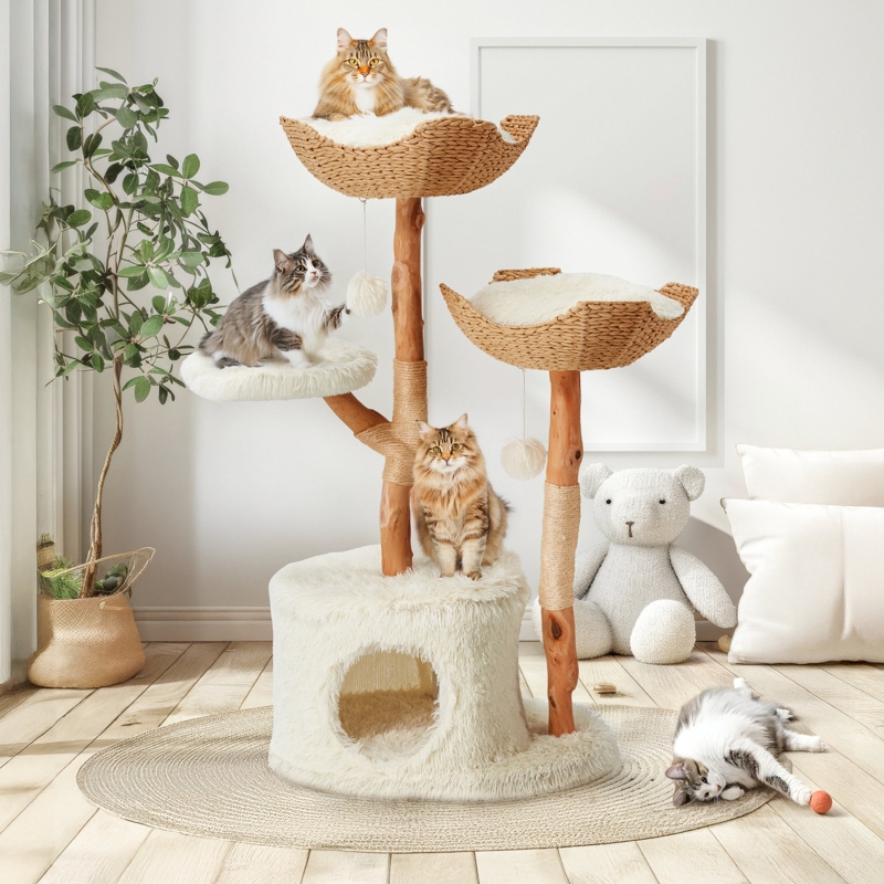 Boho Cat Tree with Natural Branches & Hand Woven Baskets