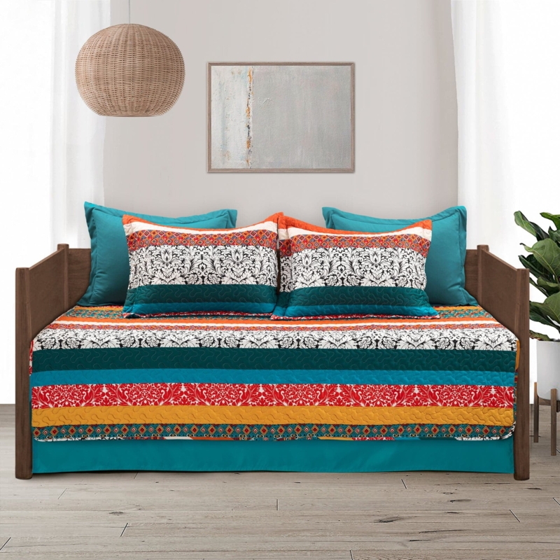 Boho Stripe Daybed Bedding Turquoise Tangerine Eclectic Damask