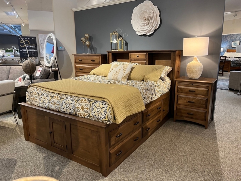 Bookcase Bed with Underbed Drawers, Low Footboard, Honey Brown Finish.