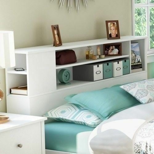 Bookcase Headboard Crisp White Finish with Unique Side Cubbies