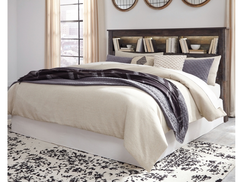 Bookcase Headboard Dark Brown Distressed Finish Mantle Top Lighting