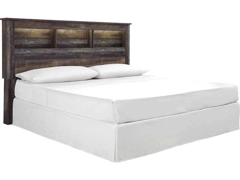 Bookcase Headboard Distressed Wood Look Built-in Lighting Cubbies