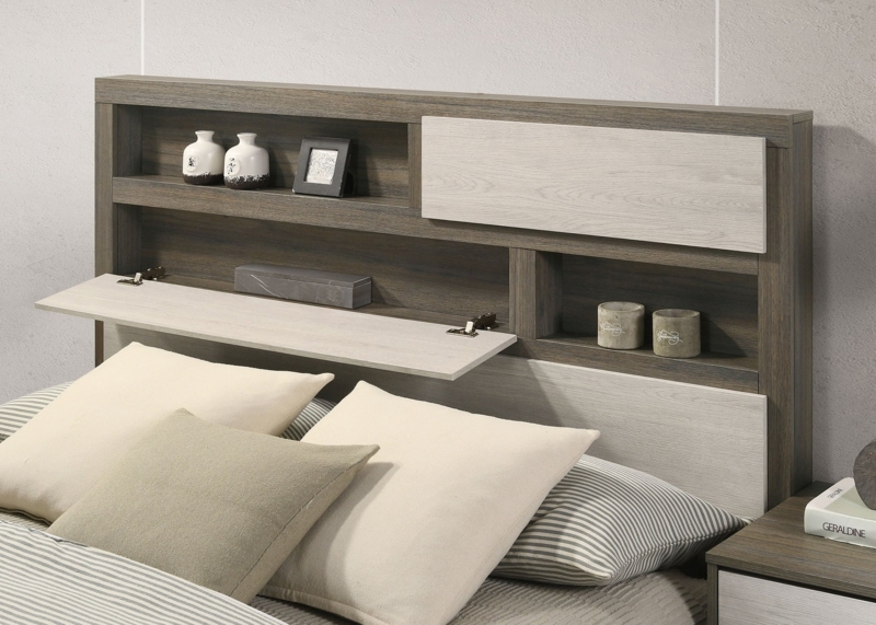 Bookcase Headboard Grey Oak Flip Down Door Integrated Storage Rustic